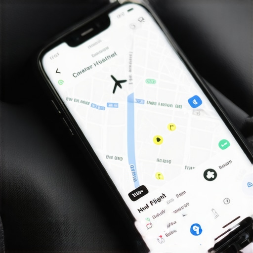 Smartphone showing flight tracking and encrypted messaging inside a luxury vehicle