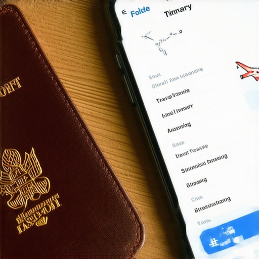 Close-up of travel logistics tools including a flight tracking app and passport holder.