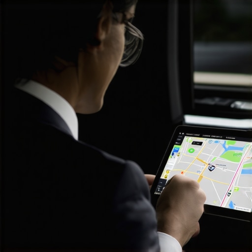 A traveler using a tablet for live telemetry tracking and itinerary management in a private car.