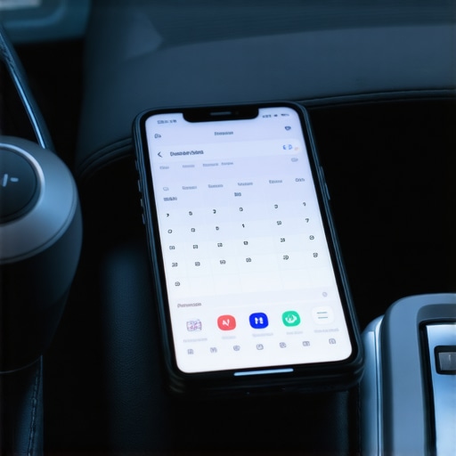 A smartphone showing a synced calendar and ride details next to a car dashboard.