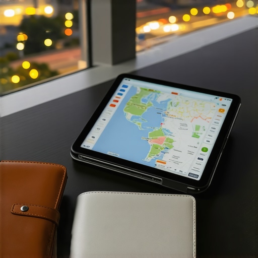 A travel tablet showing real-time GPS tracking alongside a power bank and travel itinerary for secure transit.