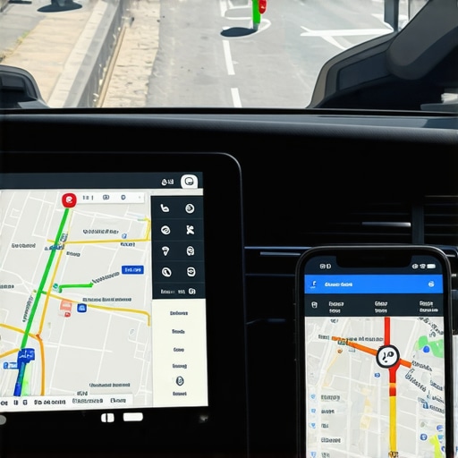 A comparison between professional fleet tracking hardware and standard smartphone navigation apps in a car.