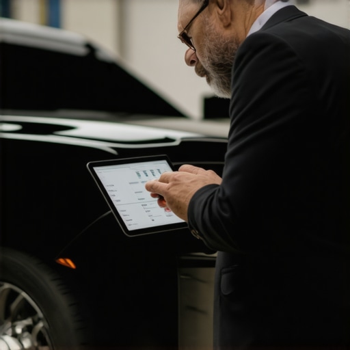 Professional Vehicle Maintenance Check Chauffeur conducting a pre-trip safety inspection on a luxury vehicle