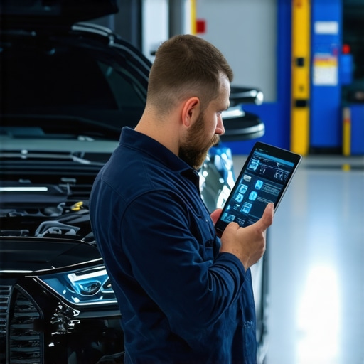 A fleet mechanic checking car engine components while verifying diagnostic data on a tablet