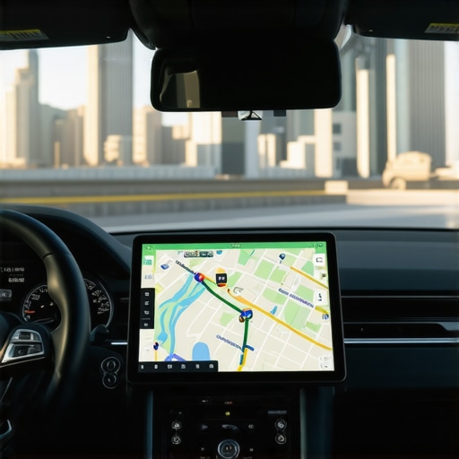 Dedicated GPS tablet and professional dashboard equipment in a luxury car.