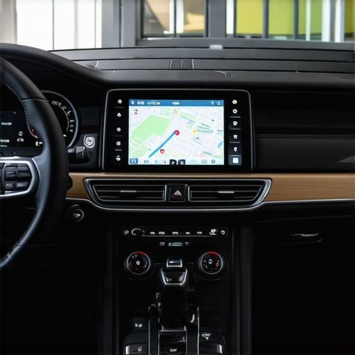 A high-tech car dashboard showing dedicated GPS hardware for professional drivers