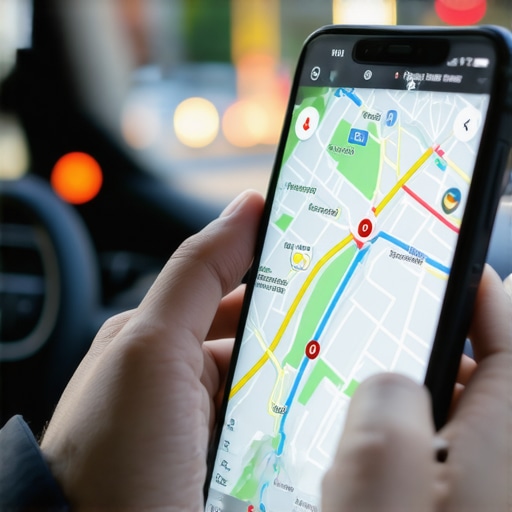 Professional Vehicle Telemetry Monitoring A smartphone showing real-time tracking and speed data inside a luxury vehicle.