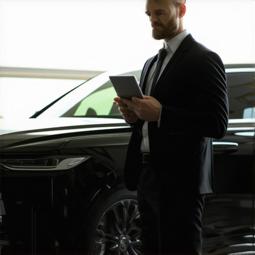 A chauffeur stands by a luxury car at an airport pickup area verifying a reservation on a tablet.