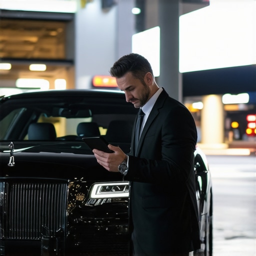 A professional driver verifying reservation details at an airport terminal at night.