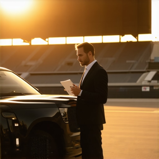 Professional chauffeur checking logistics near a stadium A chauffeur preparing for a pickup at a major sporting event venue