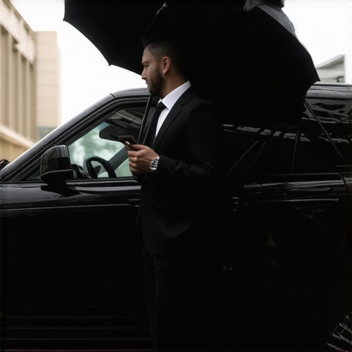 Chauffeur with luxury vehicle assisting passenger with pickup location