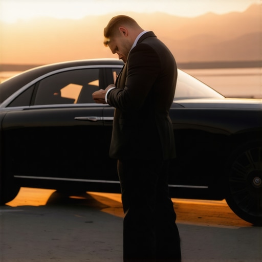 A private driver checking his watch next to a luxury car for an on-time reservation.