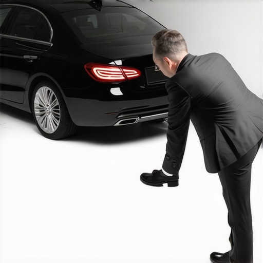 Professional chauffeur performing a safety inspection A driver inspecting a luxury vehicle for safety and maintenance before a trip.