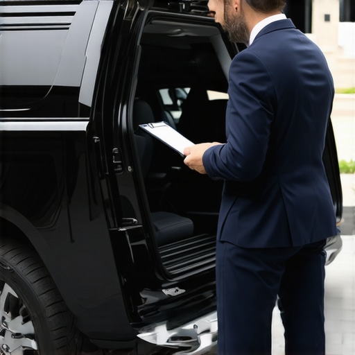 A chauffeur inspecting a luxury vehicle for safety before a high-stakes hourly booking.
