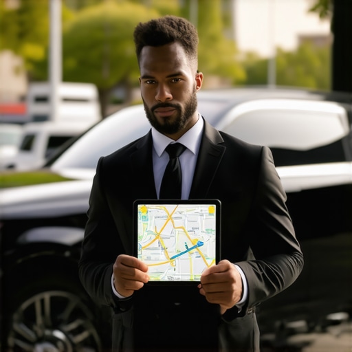 Professional chauffeur planning a route around construction Chauffeur checking traffic and construction updates for an hourly reservation
