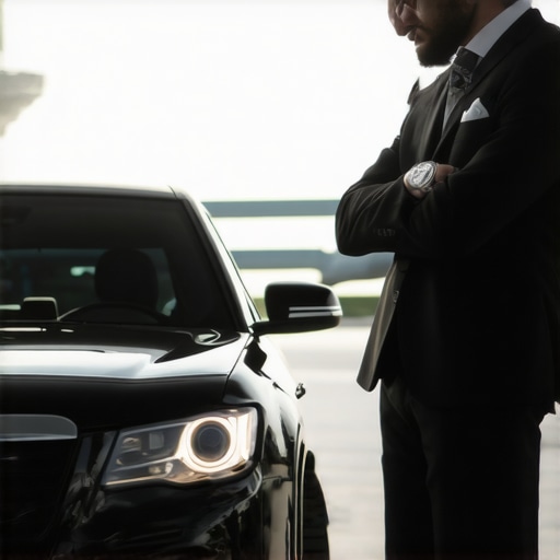 A professional driver checking his watch while staging a luxury vehicle for an on-time reservation.