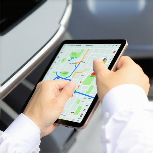A chauffeur in a luxury vehicle managing a secure reservation and tracking system.