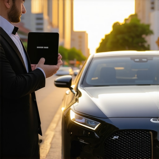 A chauffeur presents a secure digital booking confirmation for a luxury sedan pickup.