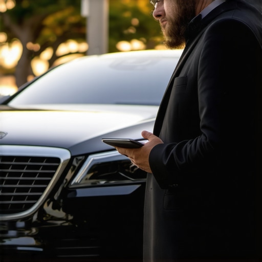 Professional driver checking tablet next to luxury sedan