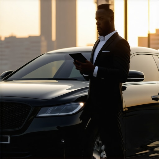 A professional driver checking his schedule next to a luxury vehicle
