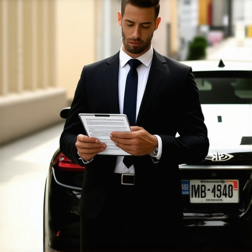 Professional chauffeur verifying reservation details A professional driver confirming a secure hourly reservation next to a luxury vehicle.