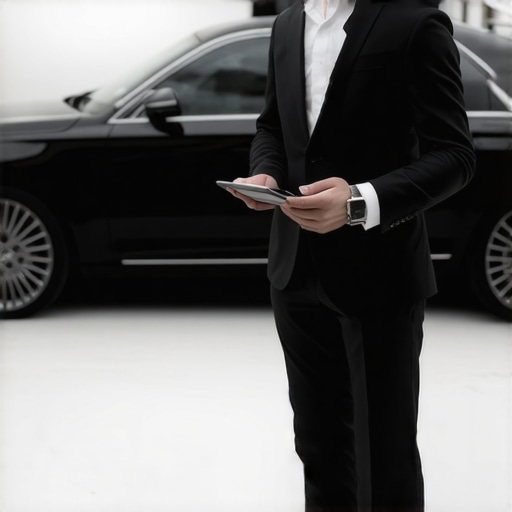 A professional driver checking his watch and tablet to ensure a secure and on-time reservation.