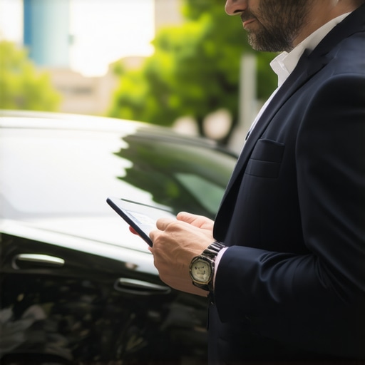 Professional chauffeur verifying route and timing A professional driver ensuring punctuality and route safety for a business client.