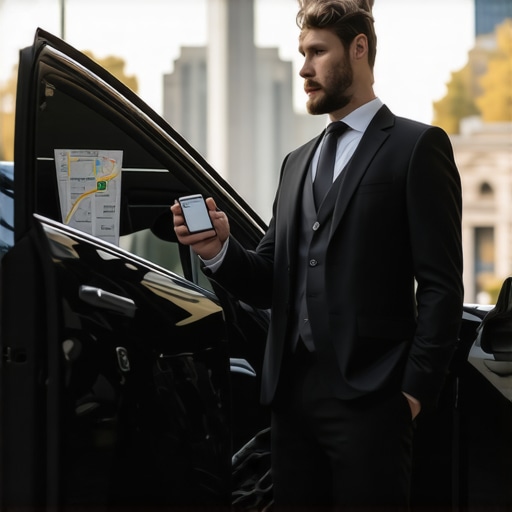 Professional chauffeur verifying route for hourly reservation A chauffeur in a suit standing next to a luxury black car checking a route map on a smartphone