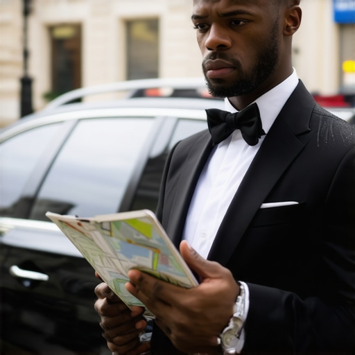 Professional chauffeur verifying routes with physical and digital maps A professional driver in a suit checking a map next to a luxury car in a city.