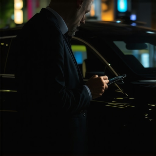 Professional chauffeur verifying secure booking data A professional driver checking a secure reservation on a mobile device inside a luxury vehicle at night.