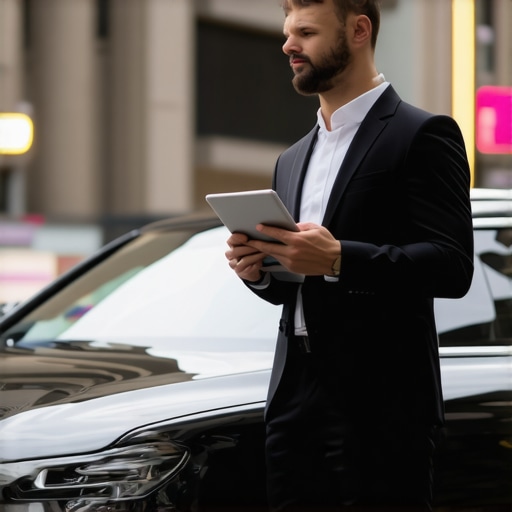 A professional chauffeur verifying route logistics next to a luxury black sedan in a city.