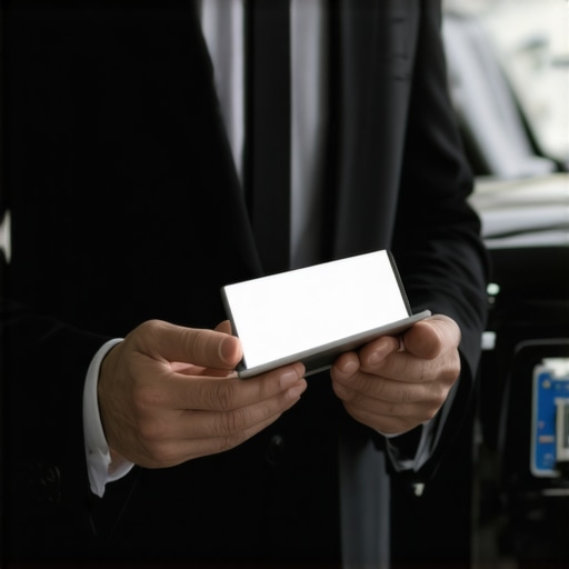 Professional driver identity verification A chauffeur holding a name sign next to a luxury car for identity verification.
