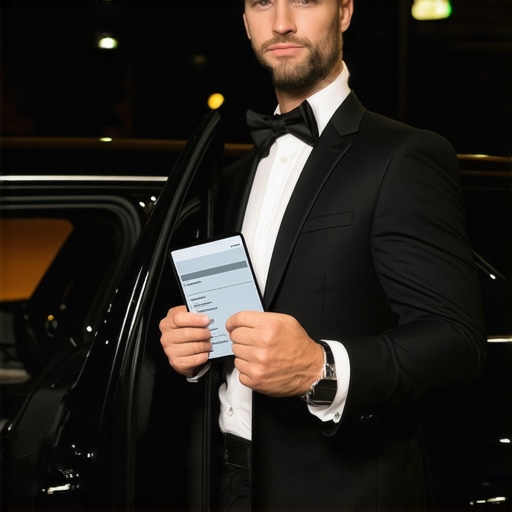 A professional chauffeur showing a digital identification badge next to a luxury car at night.