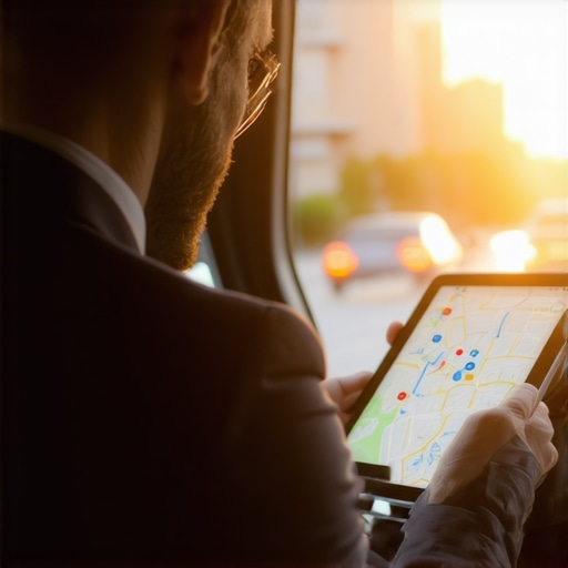 A chauffeur using a secure tablet to manage an hourly reservation and transit safety.