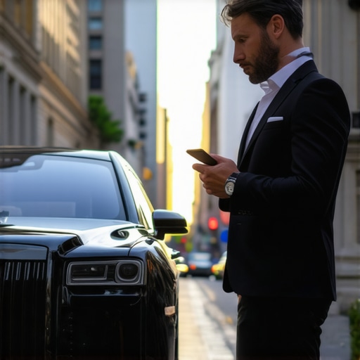 A professional driver checking his watch and phone next to a luxury car for an on-time reservation.