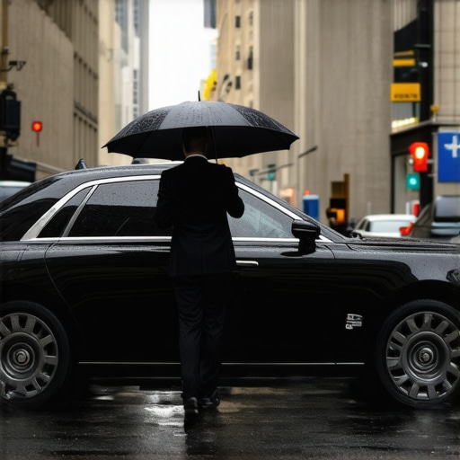 Luxury black car with professional chauffeur waiting curbside to demonstrate punctual hourly reservation services