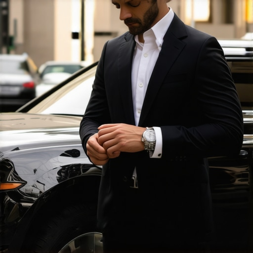 Professional hourly driver ensuring punctuality A chauffeur checking his watch next to a luxury car to ensure on-time arrival