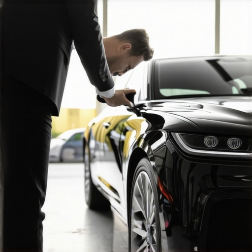 Professional vehicle maintenance check for safety Chauffeur performing a vehicle safety inspection on a luxury sedan