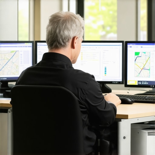 A fleet dispatcher monitoring vehicle safety and location data on multiple screens in real-time.