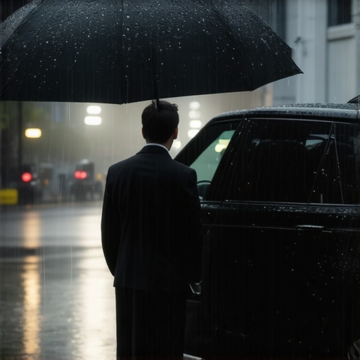 Professional chauffeur holding an umbrella for a passenger during a storm.