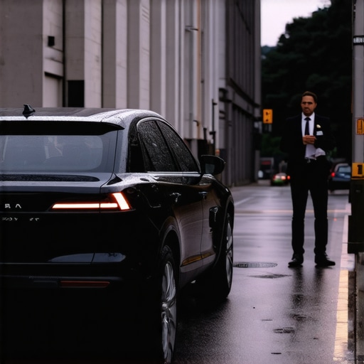 Reliable hourly executive car service waiting in the rain A private executive SUV waiting for a client during an hourly booking in a busy city
