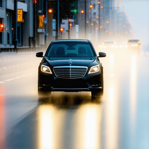 Safe Driving in Heavy Rain A professional executive sedan traveling safely on wet city streets during a rainstorm.