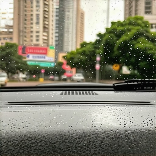 Safe Luxury Sedan Interior During Bad Weather A secure luxury sedan interior showing rain on the windshield, representing safe and professional hourly transit
