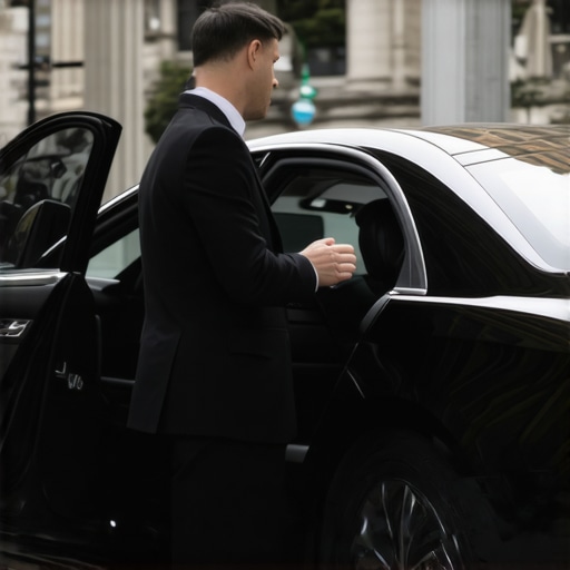 A professional driver holding a door open for a passenger on a city street