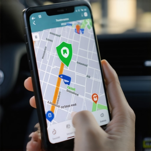 Person holding a smartphone with a secure ride tracking app showing a vehicle location and security icons.