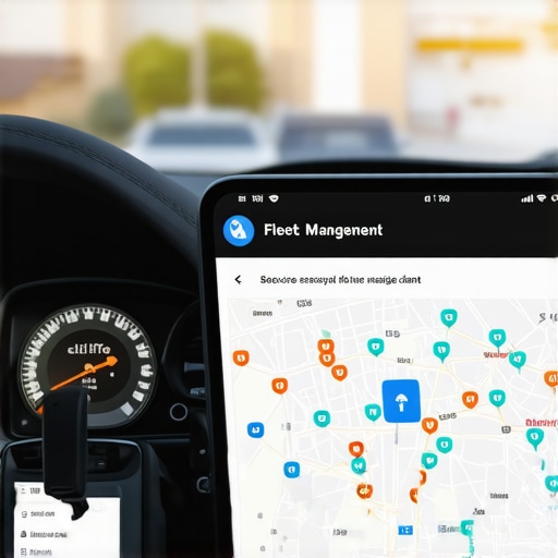 Secure Fleet Management Hardware Professional vehicle dashboard featuring an encrypted GPS tracking tablet for secure transit.