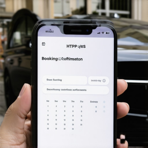 A smartphone displaying a secure chauffeur booking link with automated calendar sync features.