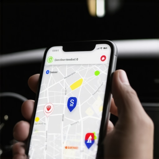 Smartphone displaying a secure real-time location tracking map inside a luxury car