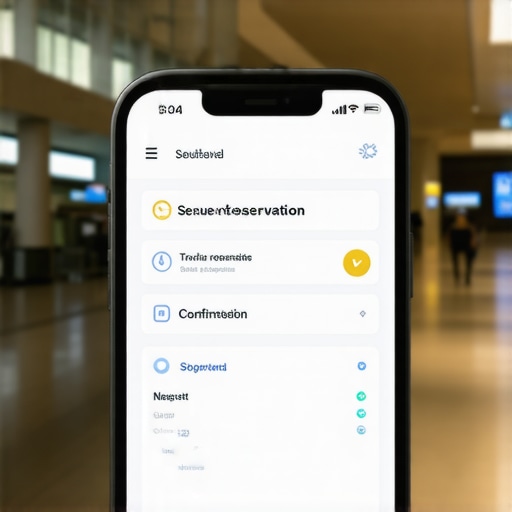Secure Travel Reservation Dashboard Confirmation Screen A smartphone screen showing a successfully updated travel booking confirmation inside an airport terminal.