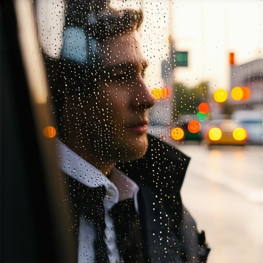 An executive relaxed inside a premium vehicle during a rainy morning commute, demonstrating the benefit of travel buffers.